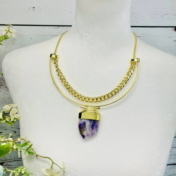 NWT French Connection Gold Necklack with Purple Marble Pendulum - Picture 1 of 8